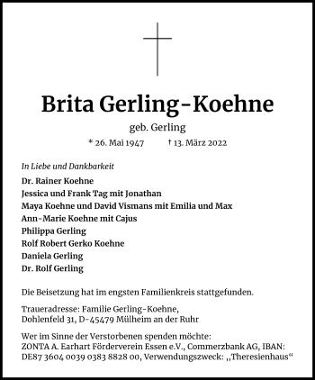 Anzeige von Brita Gerling-Koehne von Kölner Stadt-Anzeiger / Kölnische Rundschau / Express