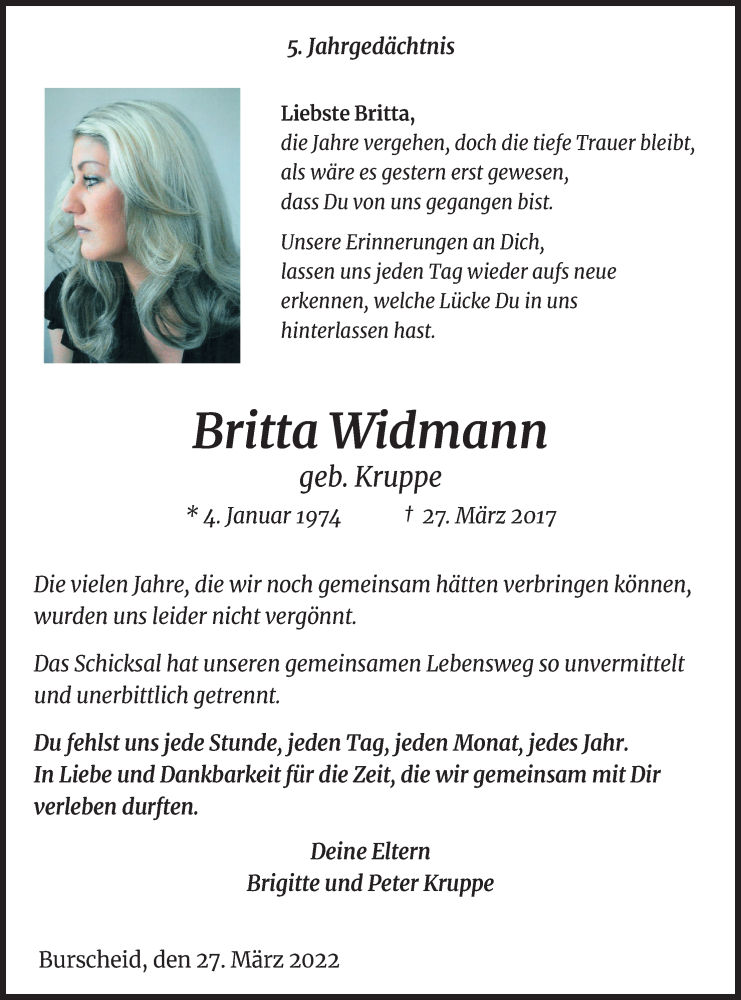  Traueranzeige für Britta Widmann vom 26.03.2022 aus Kölner Stadt-Anzeiger / Kölnische Rundschau / Express