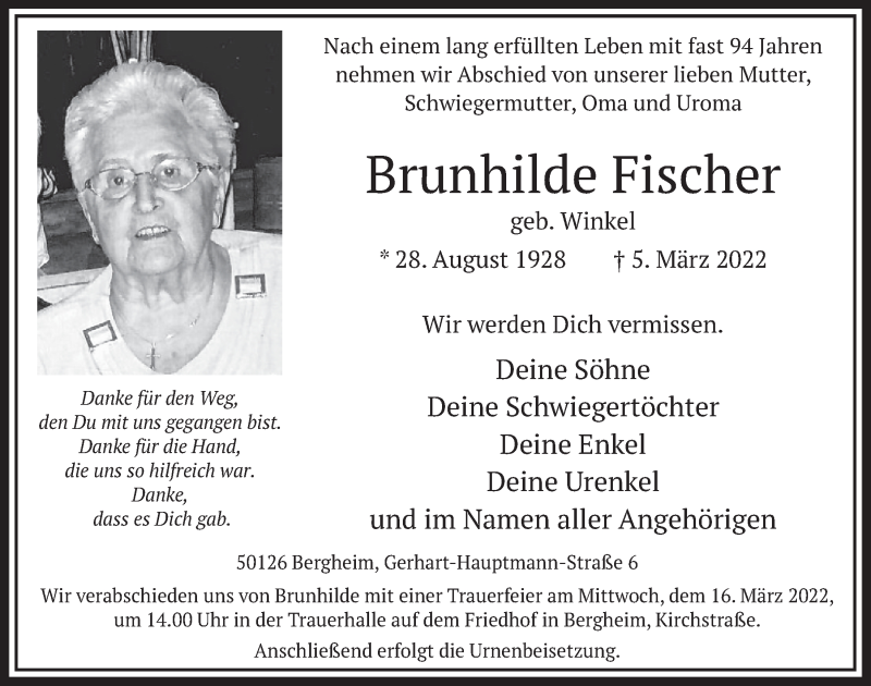  Traueranzeige für Brunhilde Fischer vom 11.03.2022 aus  Werbepost 