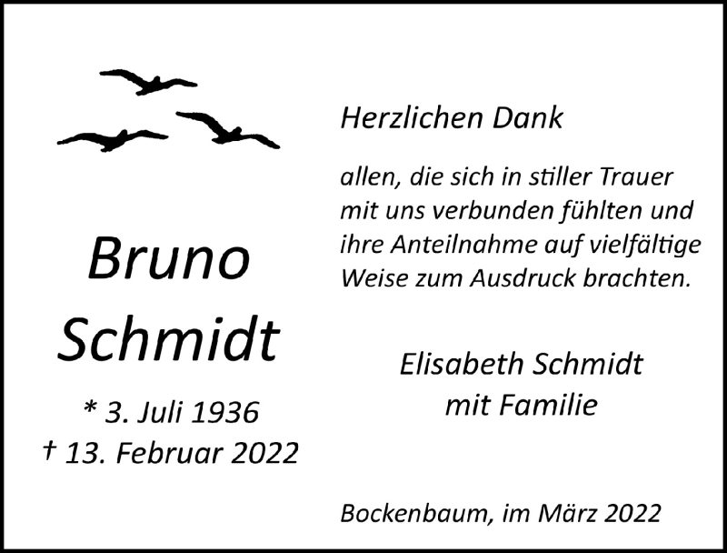  Traueranzeige für Bruno Schmidt vom 04.03.2022 aus  Lokalanzeiger 