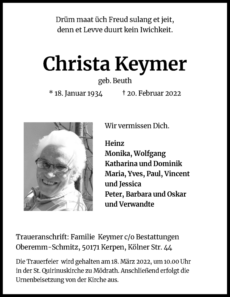  Traueranzeige für Christa Keymer vom 12.03.2022 aus Kölner Stadt-Anzeiger / Kölnische Rundschau / Express