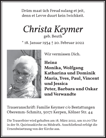 Anzeige von Christa Keymer von  Werbepost 