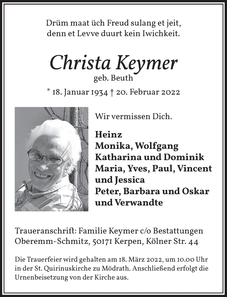  Traueranzeige für Christa Keymer vom 11.03.2022 aus  Werbepost 