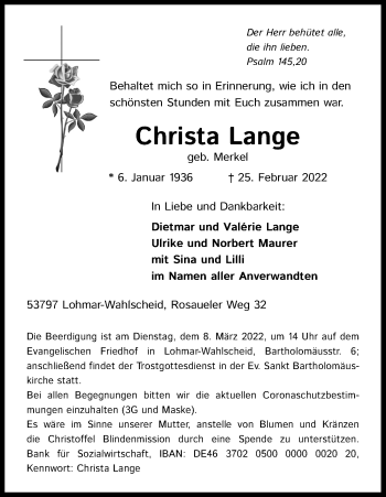 Anzeige von Christa Lange von Kölner Stadt-Anzeiger / Kölnische Rundschau / Express