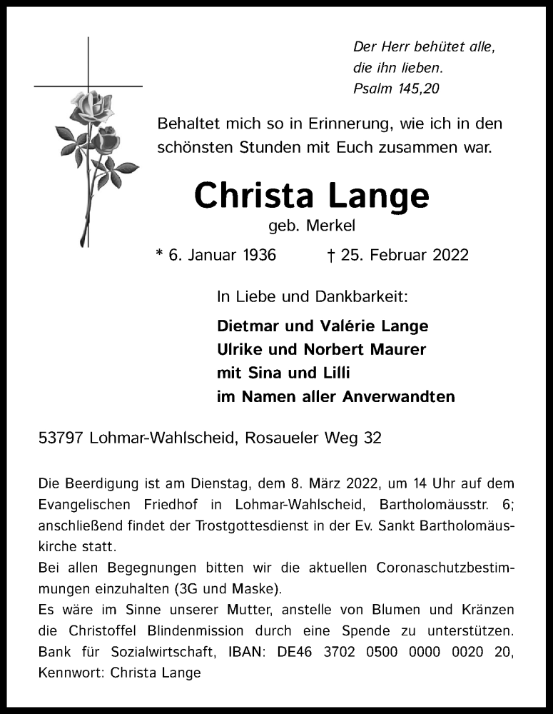  Traueranzeige für Christa Lange vom 05.03.2022 aus Kölner Stadt-Anzeiger / Kölnische Rundschau / Express