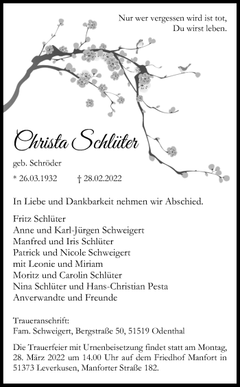 Anzeige von Christa Schlüter von Kölner Stadt-Anzeiger / Kölnische Rundschau / Express