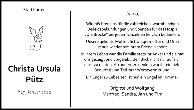  Traueranzeige für Christa Ursula Pütz vom 26.03.2022 aus Kölner Stadt-Anzeiger / Kölnische Rundschau / Express