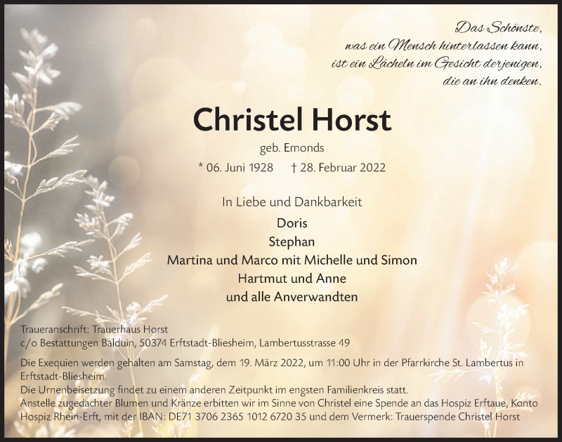  Traueranzeige für Christel Horst vom 11.03.2022 aus  Werbepost 