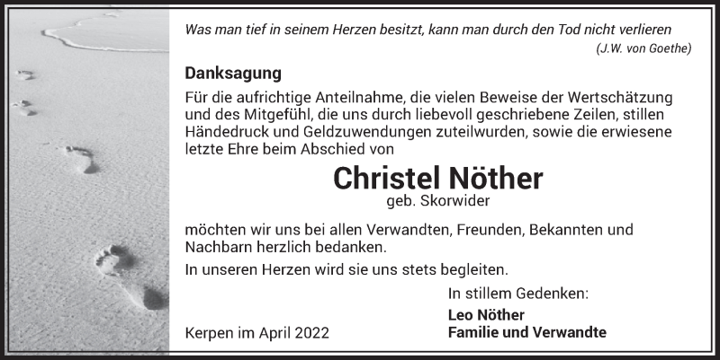  Traueranzeige für Christel Nöther vom 01.04.2022 aus  Werbepost 