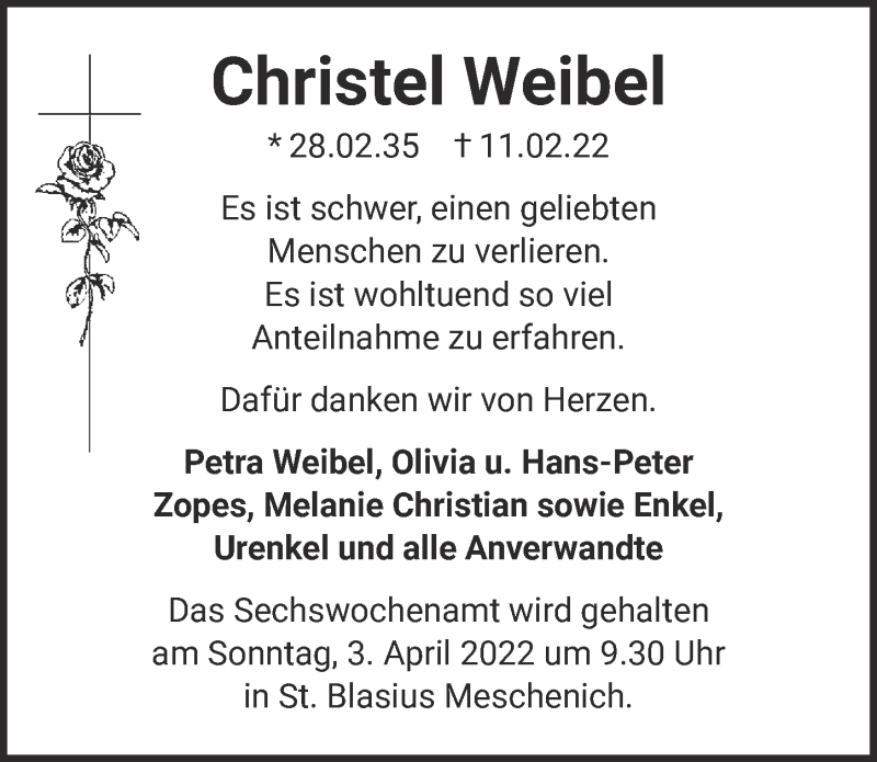  Traueranzeige für Christel Weibel vom 01.04.2022 aus  EXPRESS - Die Woche 