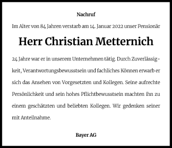 Anzeige von Christian Metternich von Kölner Stadt-Anzeiger / Kölnische Rundschau / Express
