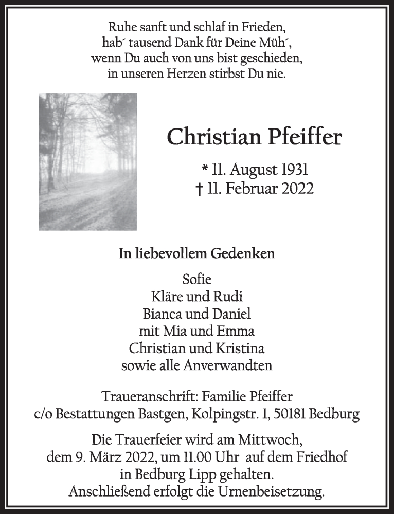  Traueranzeige für Christian Pfeiffer vom 04.03.2022 aus  Wochenende  Werbepost 