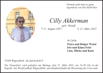 Anzeige von Cilly Akkerman von Kölner Stadt-Anzeiger / Kölnische Rundschau / Express