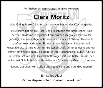 Anzeige von Clara Moritz von Kölner Stadt-Anzeiger / Kölnische Rundschau / Express