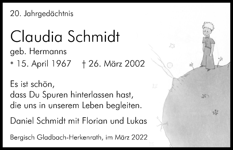  Traueranzeige für Claudia Schmidt vom 26.03.2022 aus Kölner Stadt-Anzeiger / Kölnische Rundschau / Express