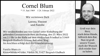 Anzeige von Cornel Blum von Kölner Stadt-Anzeiger / Kölnische Rundschau / Express