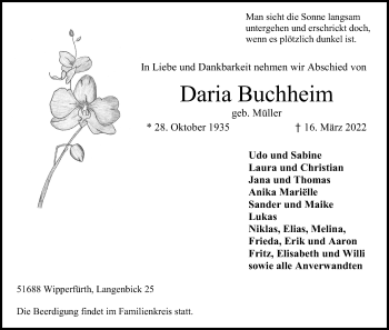 Anzeige von Daria Buchheim von Kölner Stadt-Anzeiger / Kölnische Rundschau / Express