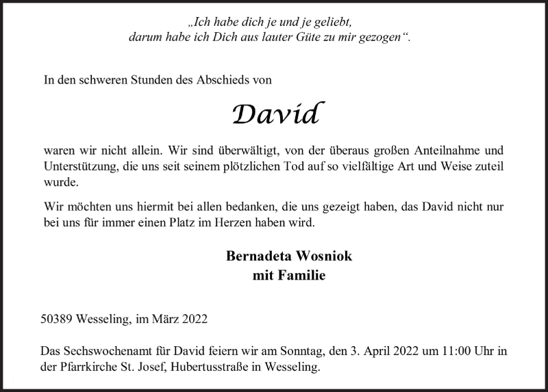  Traueranzeige für David  vom 18.03.2022 aus  Schlossbote/Werbekurier 