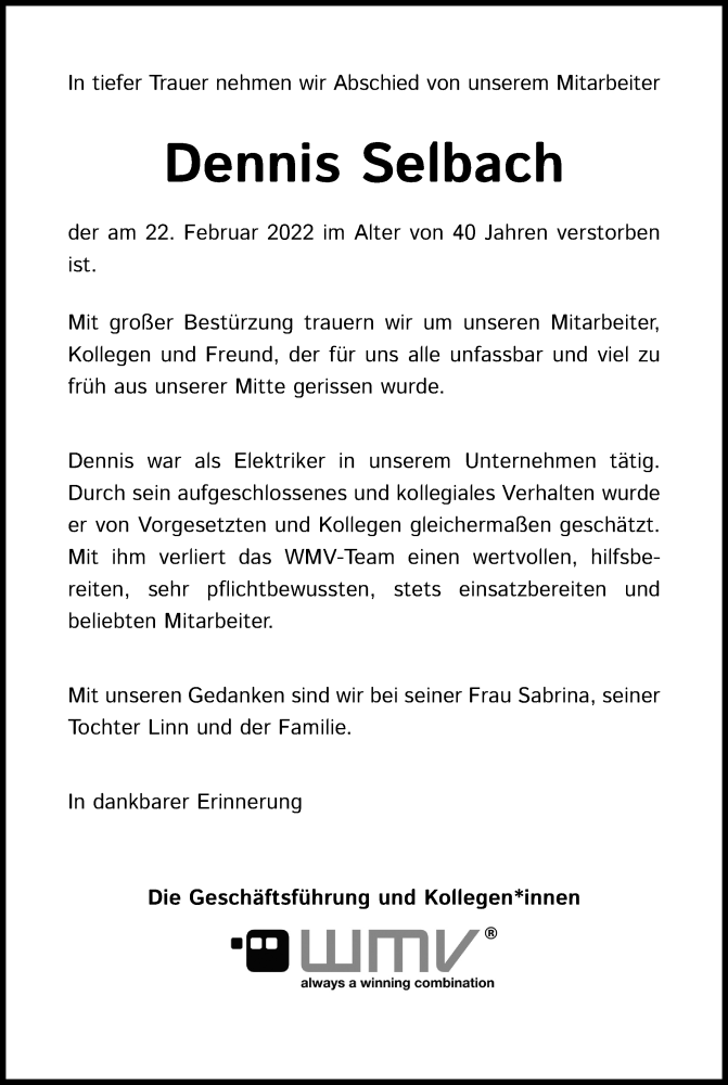  Traueranzeige für Dennis Selbach vom 05.03.2022 aus Kölner Stadt-Anzeiger / Kölnische Rundschau / Express