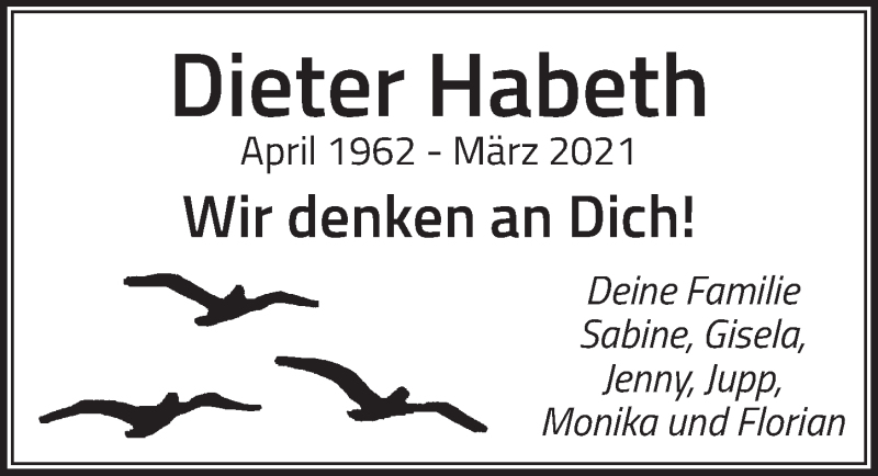  Traueranzeige für Dieter Habeth vom 18.03.2022 aus  Schaufenster/Blickpunkt 