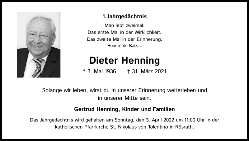  Traueranzeige für Dieter Henning vom 26.03.2022 aus Kölner Stadt-Anzeiger / Kölnische Rundschau / Express