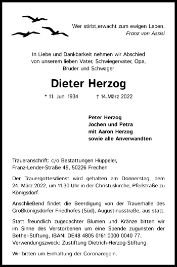 Anzeige von Dieter Herzog von Kölner Stadt-Anzeiger / Kölnische Rundschau / Express