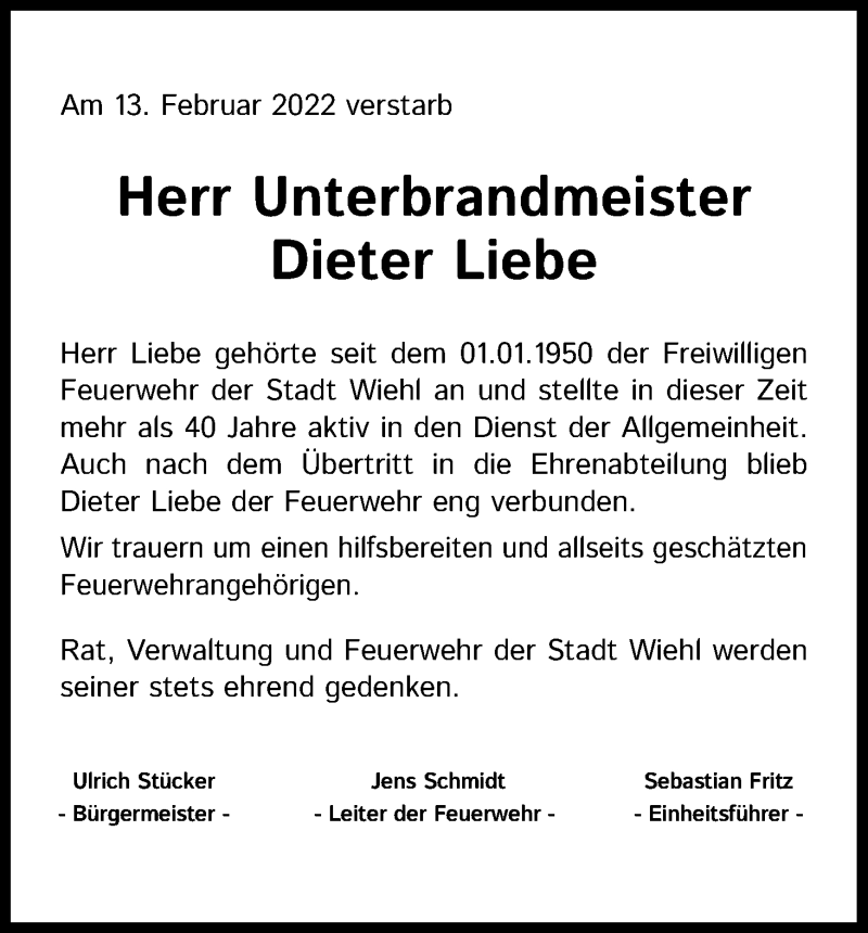  Traueranzeige für Dieter Liebe vom 05.03.2022 aus Kölner Stadt-Anzeiger / Kölnische Rundschau / Express