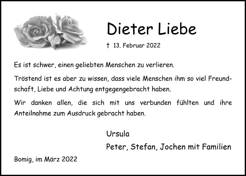  Traueranzeige für Dieter Liebe vom 25.03.2022 aus  Anzeigen Echo 