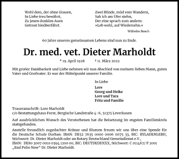 Anzeige von Dieter Marholdt von Kölner Stadt-Anzeiger / Kölnische Rundschau / Express