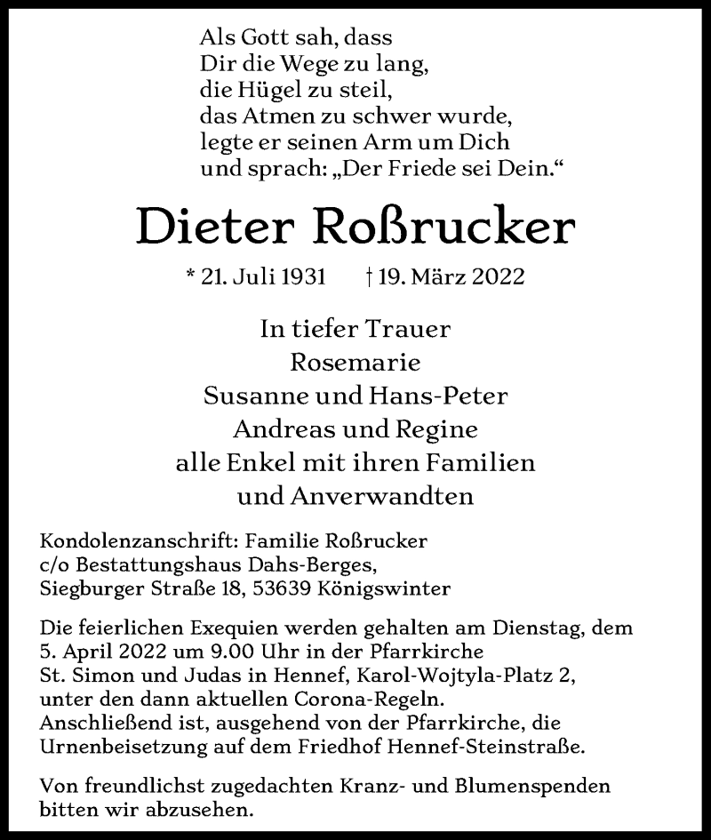  Traueranzeige für Dieter Roßrucker vom 30.03.2022 aus Kölner Stadt-Anzeiger / Kölnische Rundschau / Express