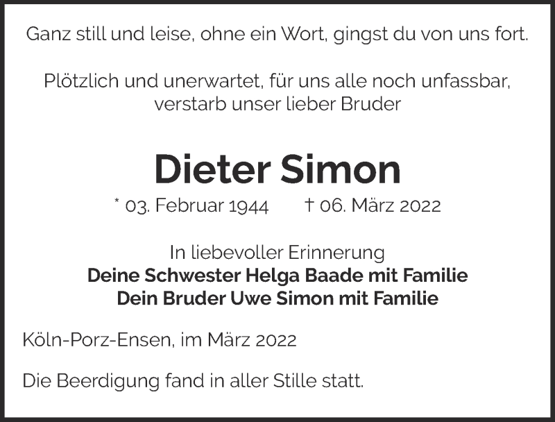  Traueranzeige für Dieter Simon vom 25.03.2022 aus  EXPRESS - Die Woche 
