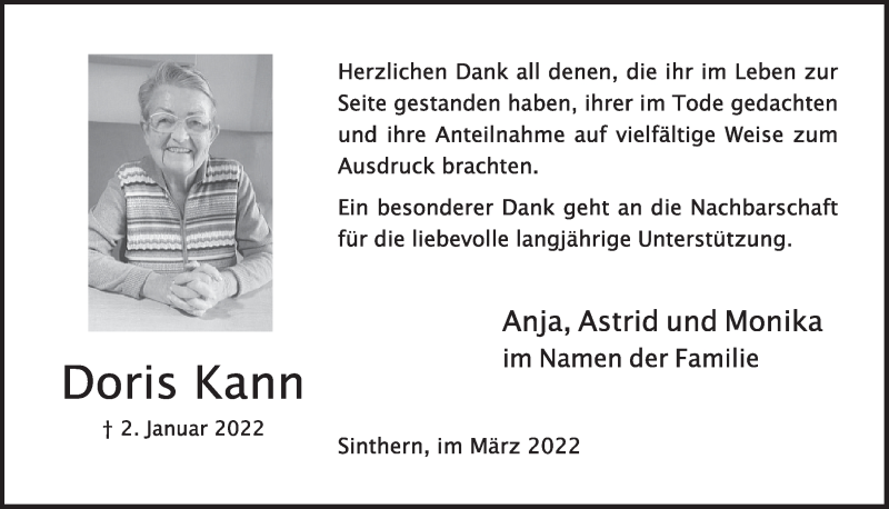  Traueranzeige für Doris Kann vom 04.03.2022 aus  Wochenende 