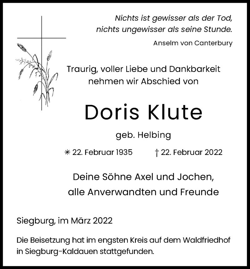  Traueranzeige für Doris Klute vom 26.03.2022 aus Kölner Stadt-Anzeiger / Kölnische Rundschau / Express
