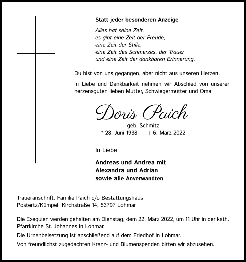  Traueranzeige für Doris Paich vom 12.03.2022 aus Kölner Stadt-Anzeiger / Kölnische Rundschau / Express