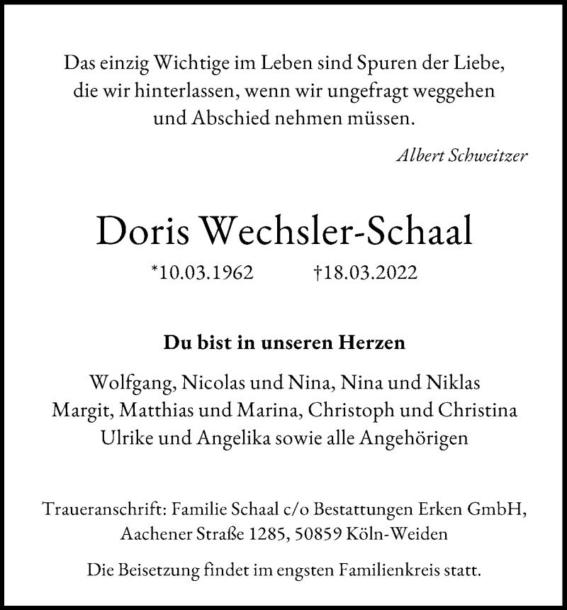  Traueranzeige für Doris Wechsler-Schaal vom 26.03.2022 aus Kölner Stadt-Anzeiger / Kölnische Rundschau / Express
