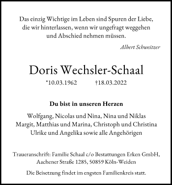 Anzeige von Doris Wechsler-Schaal von Kölner Stadt-Anzeiger / Kölnische Rundschau / Express