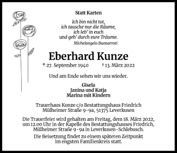 Anzeige von Eberhard Kunze von Kölner Stadt-Anzeiger / Kölnische Rundschau / Express