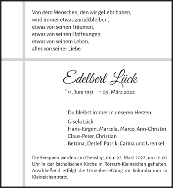 Anzeige von Edelbert Lück von  Bergisches Handelsblatt 