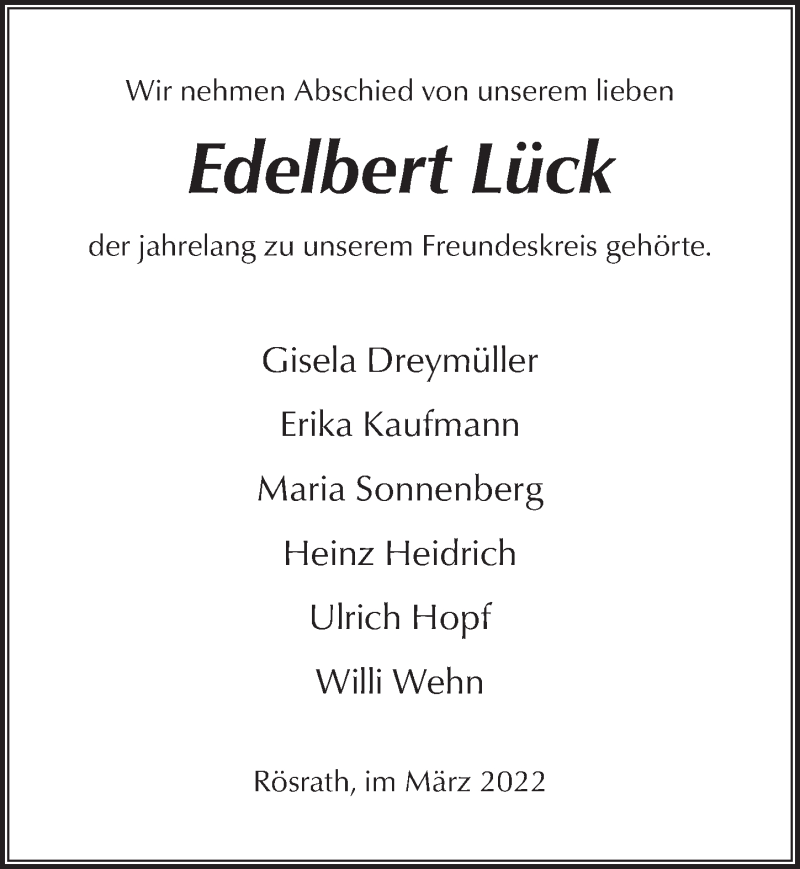  Traueranzeige für Edelbert Lück vom 18.03.2022 aus  Bergisches Handelsblatt 