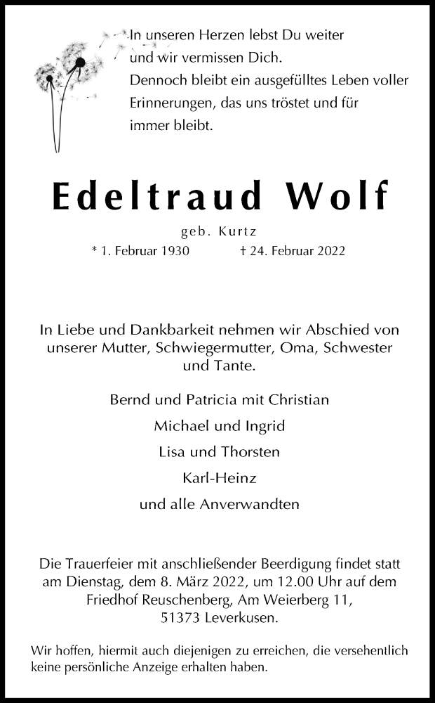  Traueranzeige für Edeltraud Wolf vom 05.03.2022 aus Kölner Stadt-Anzeiger / Kölnische Rundschau / Express