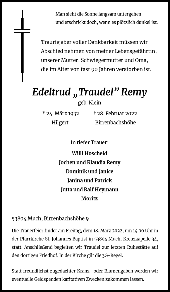 Traueranzeige für Edeltrud  Remy vom 12.03.2022 aus Kölner Stadt-Anzeiger / Kölnische Rundschau / Express