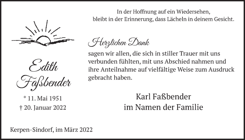  Traueranzeige für Edith Faßbender vom 04.03.2022 aus  Werbepost 