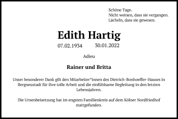 Anzeige von Edith Hartig von Kölner Stadt-Anzeiger / Kölnische Rundschau / Express