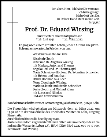 Anzeige von Eduard Wirsing von Kölner Stadt-Anzeiger / Kölnische Rundschau / Express