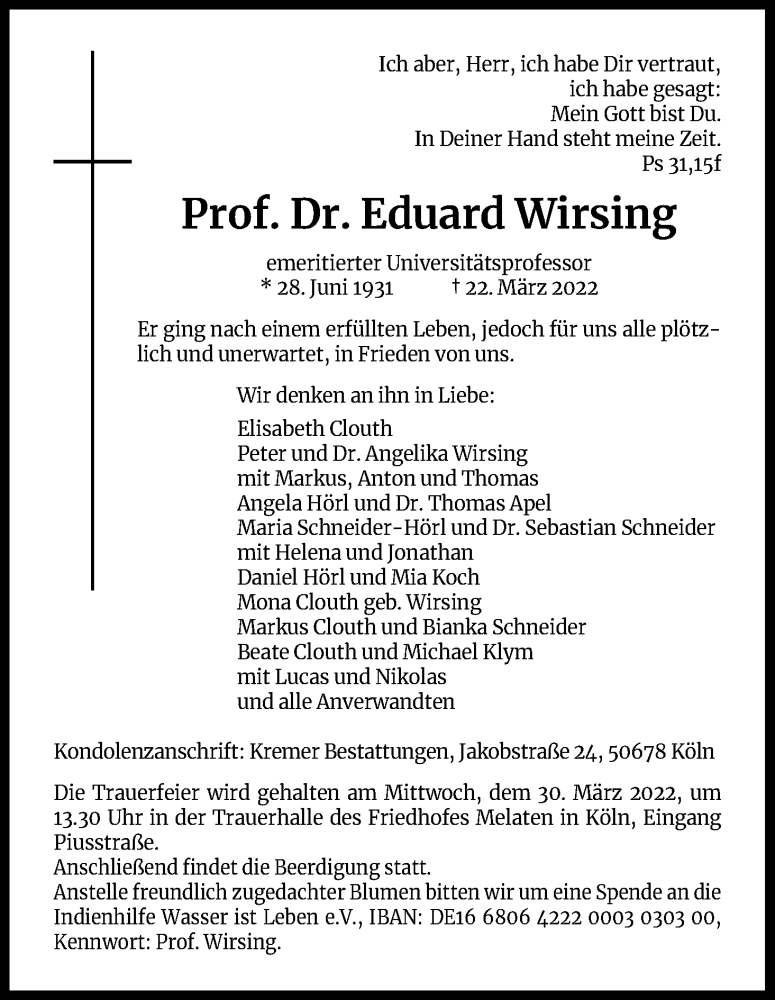  Traueranzeige für Eduard Wirsing vom 26.03.2022 aus Kölner Stadt-Anzeiger / Kölnische Rundschau / Express