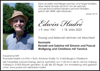 Anzeige von Edwin Hadré von Kölner Stadt-Anzeiger / Kölnische Rundschau / Express