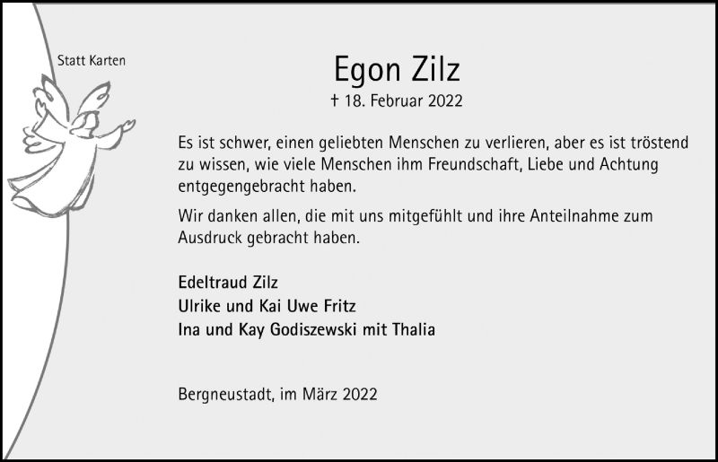  Traueranzeige für Egon Zilz vom 25.03.2022 aus  Anzeigen Echo 