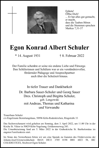 Anzeige von Egon Konrad Albert Schuler von Kölner Stadt-Anzeiger / Kölnische Rundschau / Express