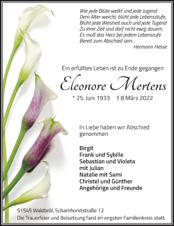 Anzeige von Eleonore Mertens von  Lokalanzeiger 