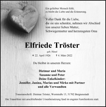 Anzeige von Elfriede Tröster von  Anzeigen Echo 
